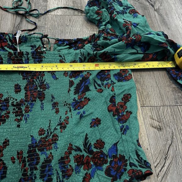 Free People Hilary Printed Top Medium Green Combo Smocked Long Sleeve Blouse - Picture 7 of 8